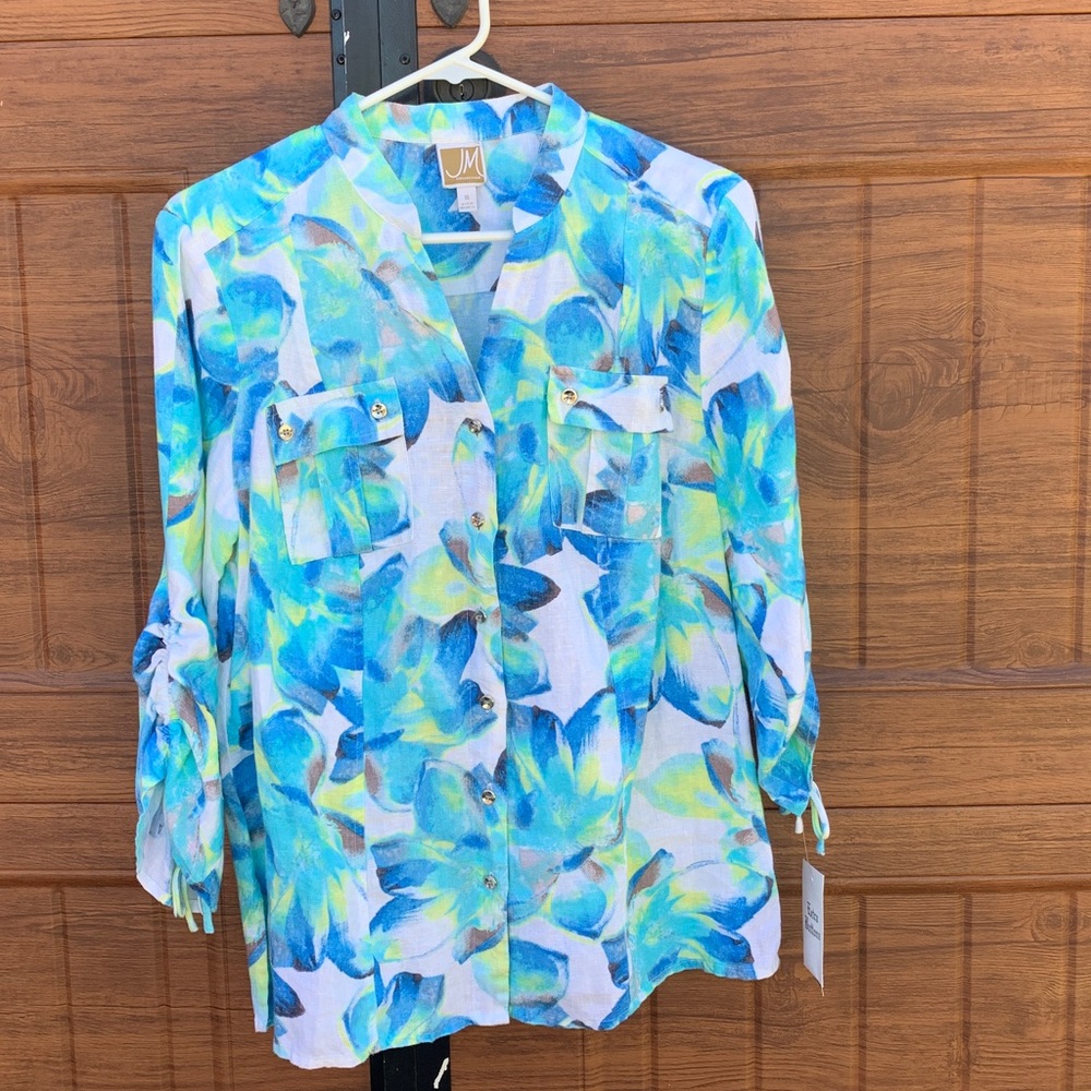 JM Collection Blue and Green Floral Blouse. Linen